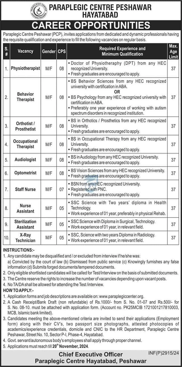 Latest Paraplegic Centre Peshawar PCP Jobs 2024 | Apply Online